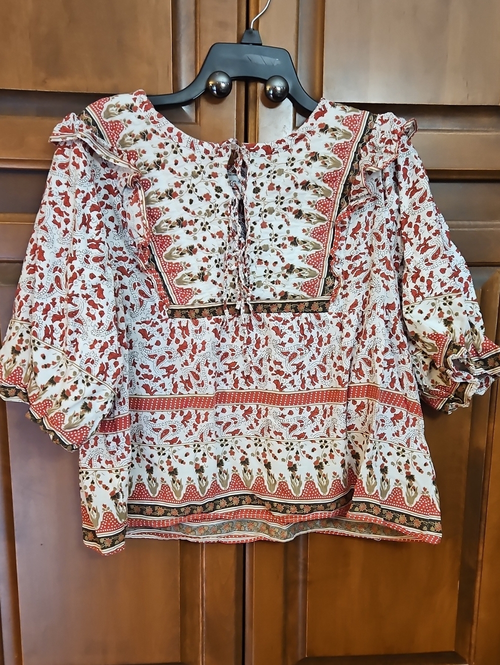 Calypso St. Barth Red and Cream Floral Ruffle Peasant Blouse